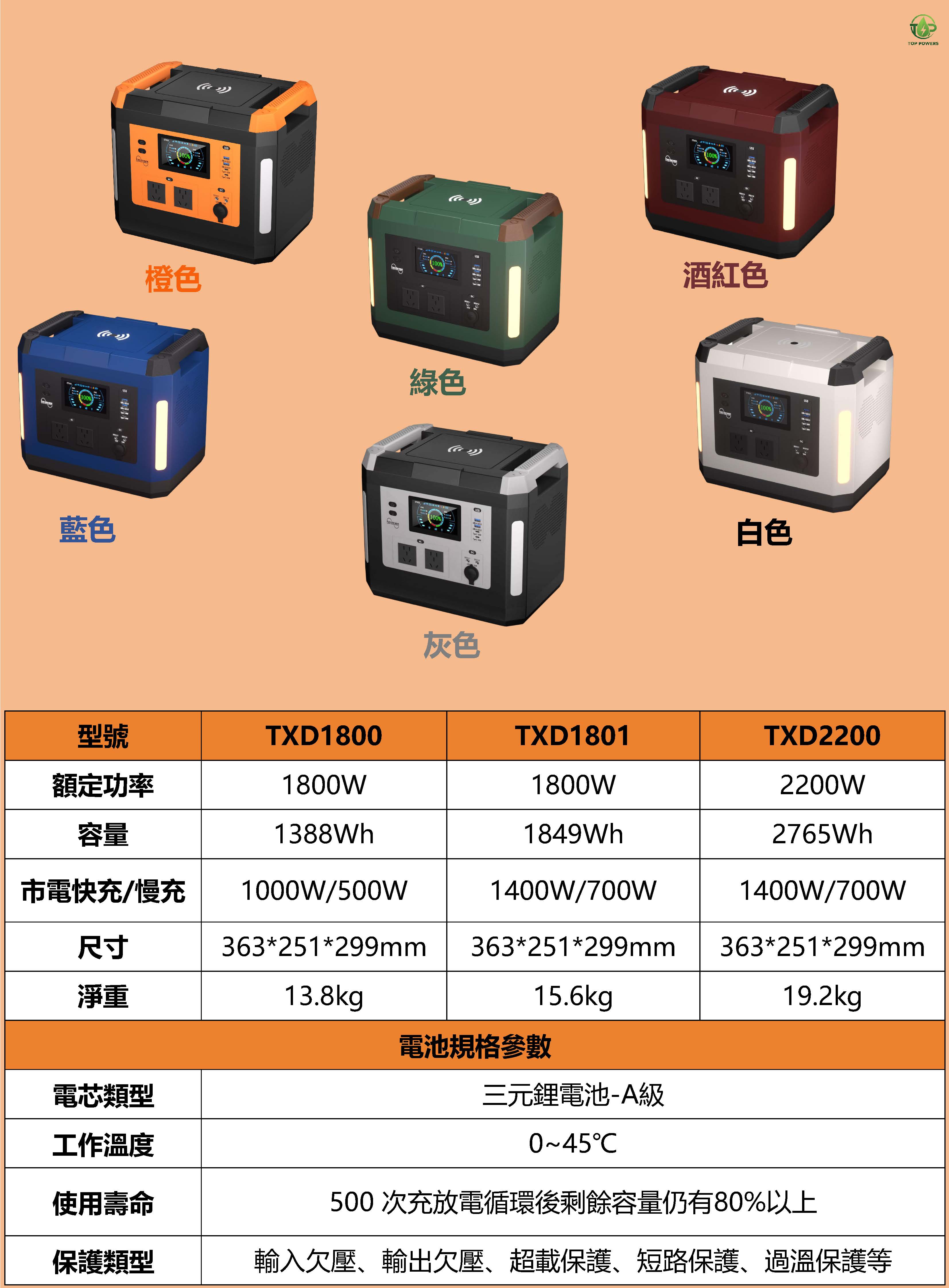 TXD儲能行動電源色彩規格
